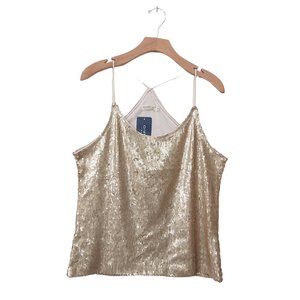 Anna Kaci Womens Sequin Tank Top Large Spaghetti Strap Lined Lightweight Gold